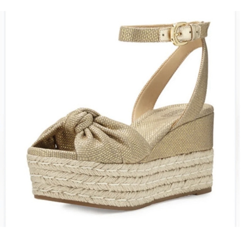 Michael Michael Kors Maxwell Mid Wedge Sandals Gold Ankle Strap Knotted